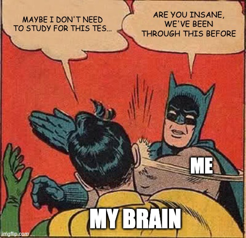 Batman Slapping Robin | MAYBE I DON'T NEED TO STUDY FOR THIS TES... ARE YOU INSANE, WE'VE BEEN THROUGH THIS BEFORE; ME; MY BRAIN | image tagged in memes,batman slapping robin | made w/ Imgflip meme maker