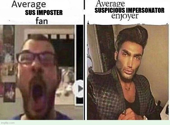 WHO SUS MAN | SUSPICIOUS IMPERSONATOR; SUS IMPOSTER | image tagged in average blank fan vs average blank enjoyer | made w/ Imgflip meme maker