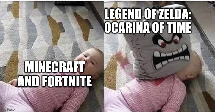 Thwomp too Baby | MINECRAFT AND FORTNITE LEGEND OF ZELDA: OCARINA OF TIME | image tagged in thwomp too baby | made w/ Imgflip meme maker