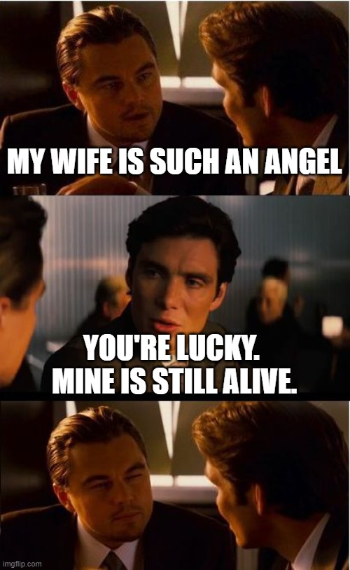 Inception Meme | MY WIFE IS SUCH AN ANGEL; YOU'RE LUCKY.  MINE IS STILL ALIVE. | image tagged in memes,inception | made w/ Imgflip meme maker