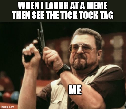 Me: You must be kidding | WHEN I LAUGH AT A MEME THEN SEE THE TICK TOCK TAG; ME | image tagged in memes,am i the only one around here | made w/ Imgflip meme maker
