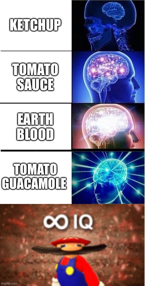 My genius...sometimes it scares me | KETCHUP; TOMATO SAUCE; EARTH BLOOD; TOMATO GUACAMOLE | image tagged in memes,expanding brain,infinite iq | made w/ Imgflip meme maker