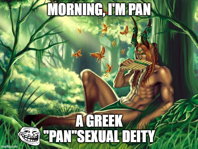 So that's where it came from xD | MORNING, I'M PAN; A GREEK
"PAN"SEXUAL DEITY | image tagged in pan,deities,greek mythology,pansexual,lgbt | made w/ Imgflip meme maker