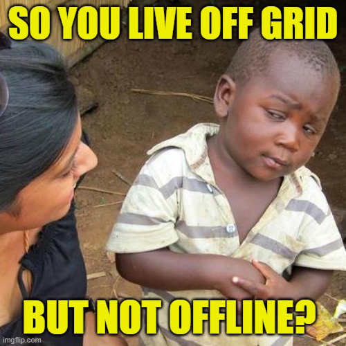Off Grid Offline | SO YOU LIVE OFF GRID; BUT NOT OFFLINE? | image tagged in memes,third world skeptical kid,duh,so true,off grid,funny memes | made w/ Imgflip meme maker