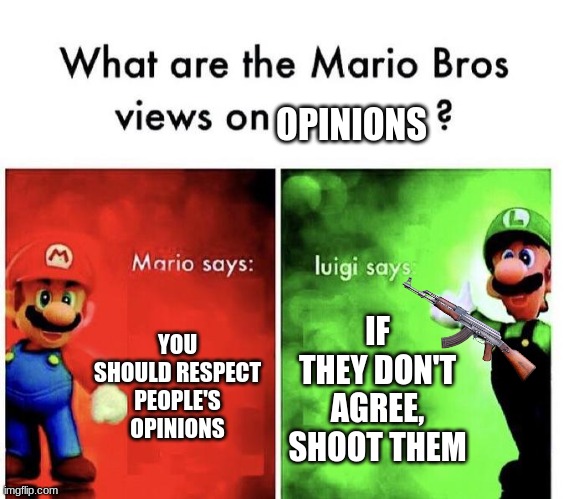 No words for this | OPINIONS; YOU SHOULD RESPECT PEOPLE'S OPINIONS; IF THEY DON'T AGREE, SHOOT THEM | image tagged in mario bros views | made w/ Imgflip meme maker