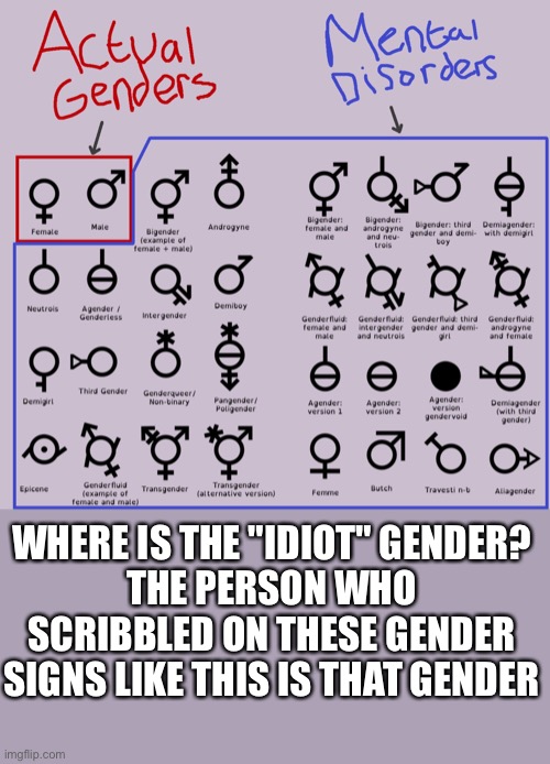 Those are not mental disorders!!! | WHERE IS THE "IDIOT" GENDER?
THE PERSON WHO SCRIBBLED ON THESE GENDER SIGNS LIKE THIS IS THAT GENDER | image tagged in memes,dumb,stupid,transphobic | made w/ Imgflip meme maker