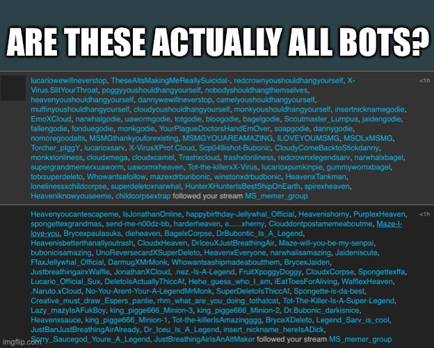 ? | ARE THESE ACTUALLY ALL BOTS? | image tagged in woah | made w/ Imgflip meme maker