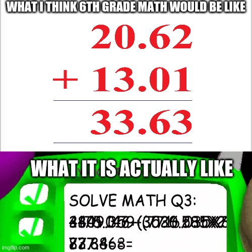 Math be like | WHAT I THINK 6TH GRADE MATH WOULD BE LIKE; WHAT IT IS ACTUALLY LIKE | image tagged in white background,funny memes,baldi's basics,relatable | made w/ Imgflip meme maker