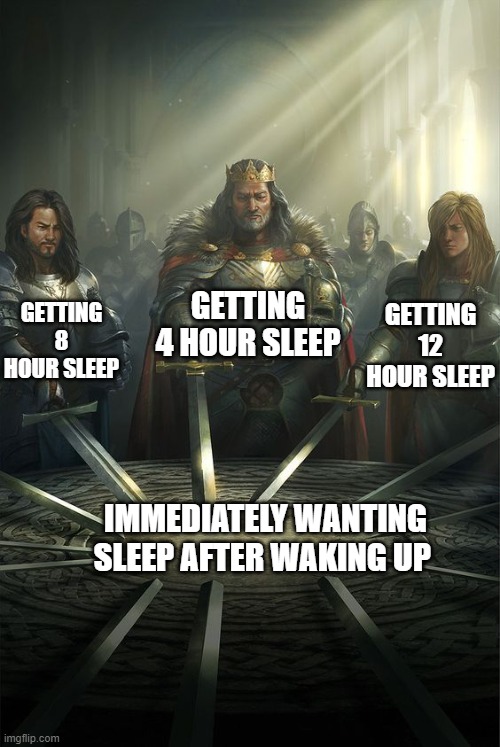 Knights of the Round Table | GETTING 4 HOUR SLEEP; GETTING 8 HOUR SLEEP; GETTING 12 HOUR SLEEP; IMMEDIATELY WANTING SLEEP AFTER WAKING UP | image tagged in knights of the round table | made w/ Imgflip meme maker