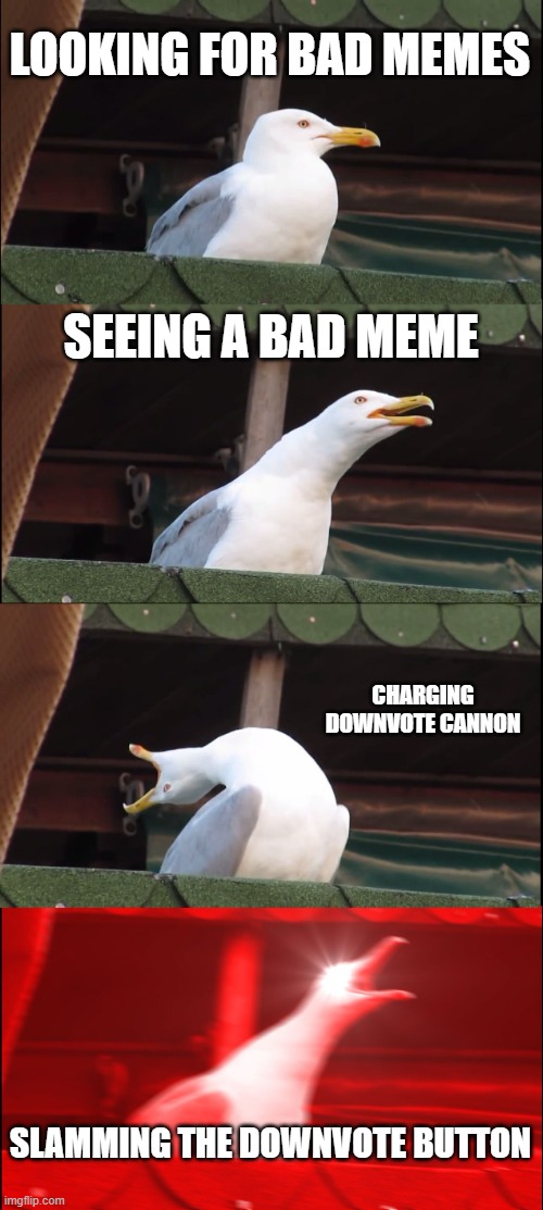 i do this a lot | LOOKING FOR BAD MEMES; SEEING A BAD MEME; CHARGING DOWNVOTE CANNON; SLAMMING THE DOWNVOTE BUTTON | image tagged in memes,inhaling seagull | made w/ Imgflip meme maker