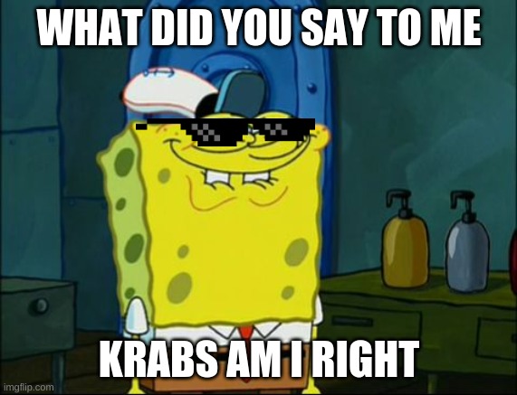 Sponge Bob | WHAT DID YOU SAY TO ME; KRABS AM I RIGHT | image tagged in sponge bob | made w/ Imgflip meme maker