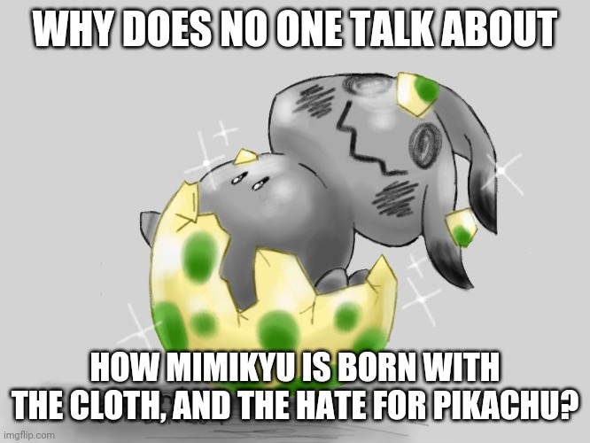 HMMM?! | WHY DOES NO ONE TALK ABOUT; HOW MIMIKYU IS BORN WITH THE CLOTH, AND THE HATE FOR PIKACHU? | image tagged in pokemon,pikachu | made w/ Imgflip meme maker