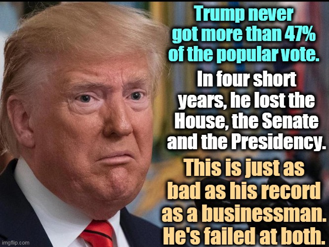 An unbroken record of failure. | Trump never got more than 47% of the popular vote. In four short years, he lost the House, the Senate and the Presidency. This is just as bad as his record as a businessman. He's failed at both. | image tagged in trump,failure,loser,incompetence | made w/ Imgflip meme maker