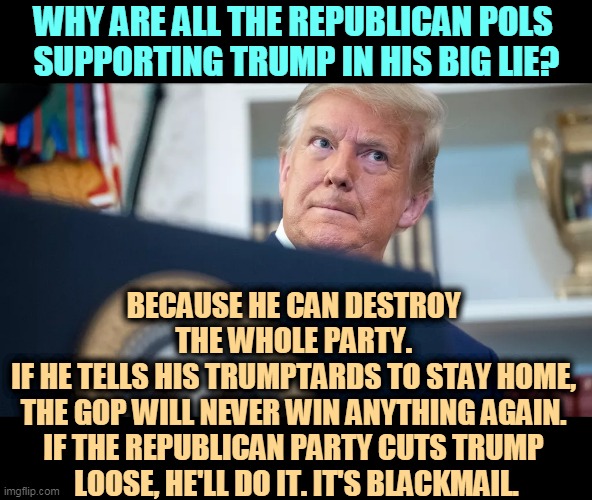 Lie down with dogs, get up with fleas. | WHY ARE ALL THE REPUBLICAN POLS 
SUPPORTING TRUMP IN HIS BIG LIE? BECAUSE HE CAN DESTROY 
THE WHOLE PARTY. 
IF HE TELLS HIS TRUMPTARDS TO STAY HOME, 
THE GOP WILL NEVER WIN ANYTHING AGAIN. 
IF THE REPUBLICAN PARTY CUTS TRUMP 
LOOSE, HE'LL DO IT. IT'S BLACKMAIL. | image tagged in trump,gop,republican party,big,lie,blackmail | made w/ Imgflip meme maker