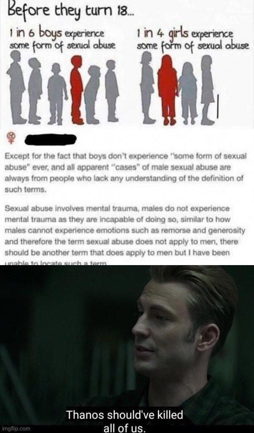 Found on reddit, not sure if the comment is satire or not | image tagged in thanos should've killed all of us | made w/ Imgflip meme maker