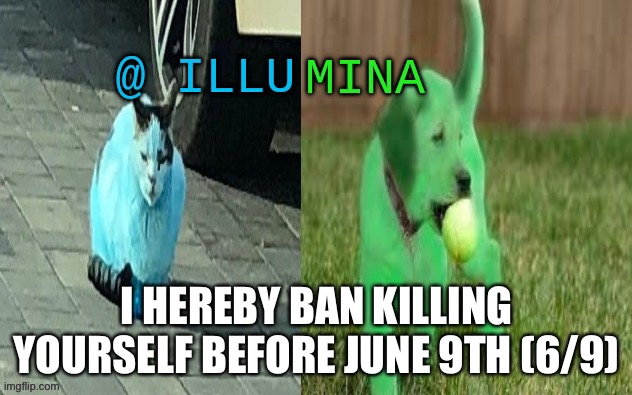 illumina new temp | I HEREBY BAN KILLING YOURSELF BEFORE JUNE 9TH (6/9) | image tagged in illumina new temp | made w/ Imgflip meme maker