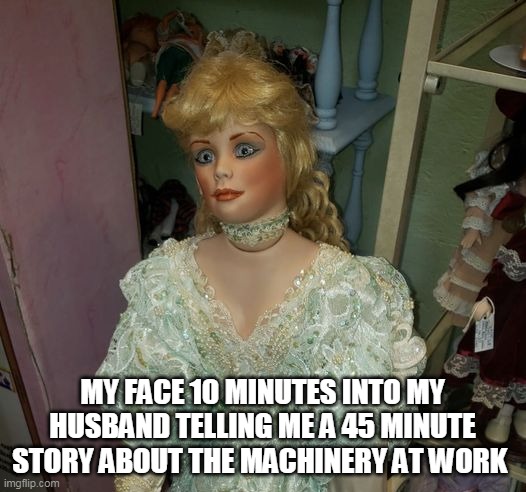 My face | MY FACE 10 MINUTES INTO MY HUSBAND TELLING ME A 45 MINUTE STORY ABOUT THE MACHINERY AT WORK | image tagged in my face,husband | made w/ Imgflip meme maker