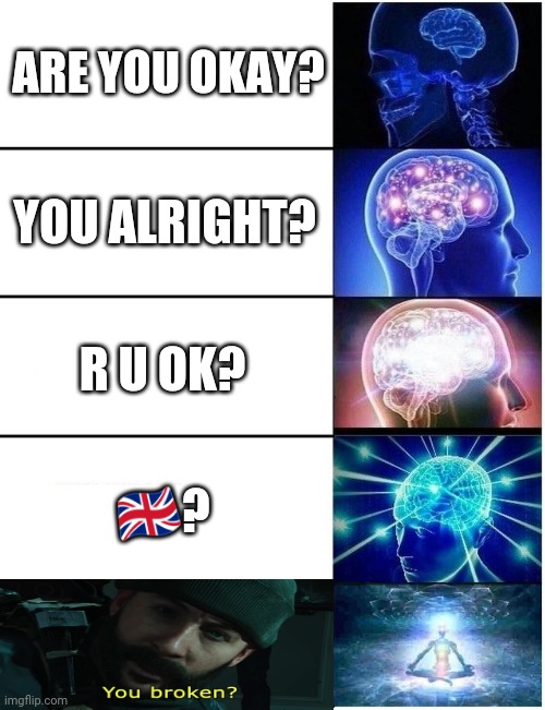 Title | ARE YOU OKAY? YOU ALRIGHT? R U OK? 🇬🇧? | image tagged in expanding brain 5 panel,call of duty | made w/ Imgflip meme maker