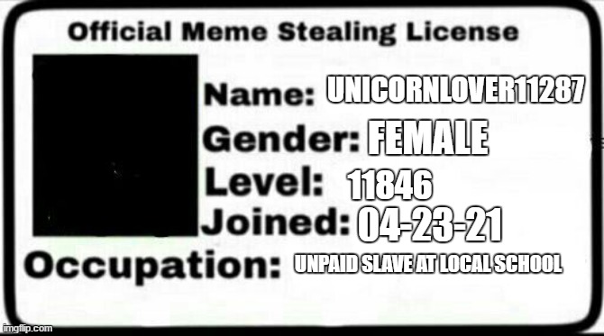 Meme Stealing License | UNICORNLOVER11287; FEMALE; 11846; 04-23-21; UNPAID SLAVE AT LOCAL SCHOOL | image tagged in meme stealing license | made w/ Imgflip meme maker