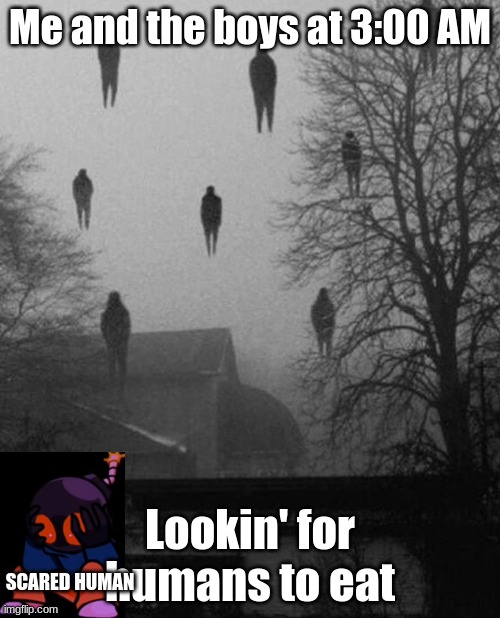 Me and the boys at 3 AM | Me and the boys at 3:00 AM; Lookin' for humans to eat; SCARED HUMAN | image tagged in me and the boys at 3 am | made w/ Imgflip meme maker