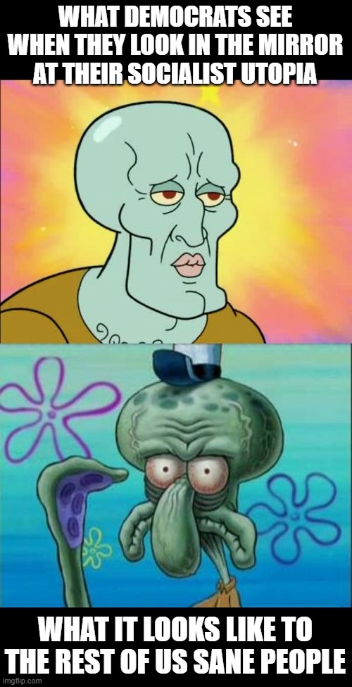 Squidward | WHAT DEMOCRATS SEE WHEN THEY LOOK IN THE MIRROR AT THEIR SOCIALIST UTOPIA; WHAT IT LOOKS LIKE TO THE REST OF US SANE PEOPLE | image tagged in memes,squidward | made w/ Imgflip meme maker