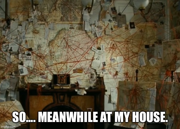 Meanwhile at my house | SO.... MEANWHILE AT MY HOUSE. | image tagged in beautiful mind | made w/ Imgflip meme maker