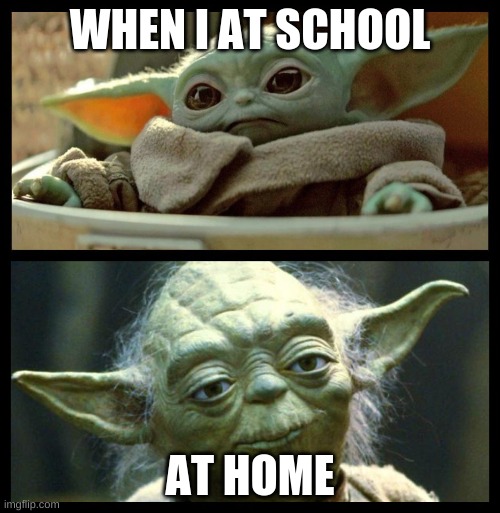 baby yoda | WHEN I AT SCHOOL; AT HOME | image tagged in baby yoda | made w/ Imgflip meme maker
