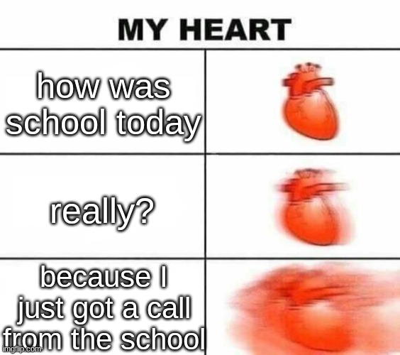 My heart blank | how was school today; really? because I just got a call from the school | image tagged in my heart blank | made w/ Imgflip meme maker