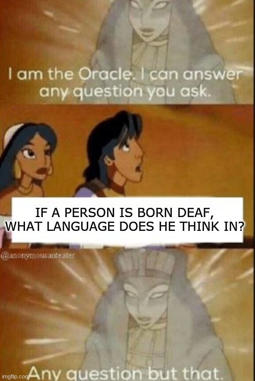 Hmmm... | IF A PERSON IS BORN DEAF, WHAT LANGUAGE DOES HE THINK IN? | image tagged in the oracle | made w/ Imgflip meme maker