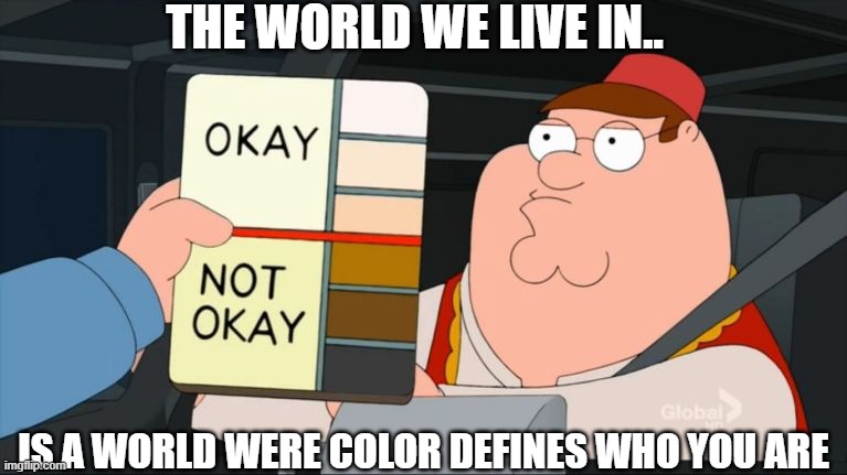 peter griffin color chart | THE WORLD WE LIVE IN.. IS A WORLD WERE COLOR DEFINES WHO YOU ARE | image tagged in peter griffin color chart | made w/ Imgflip meme maker