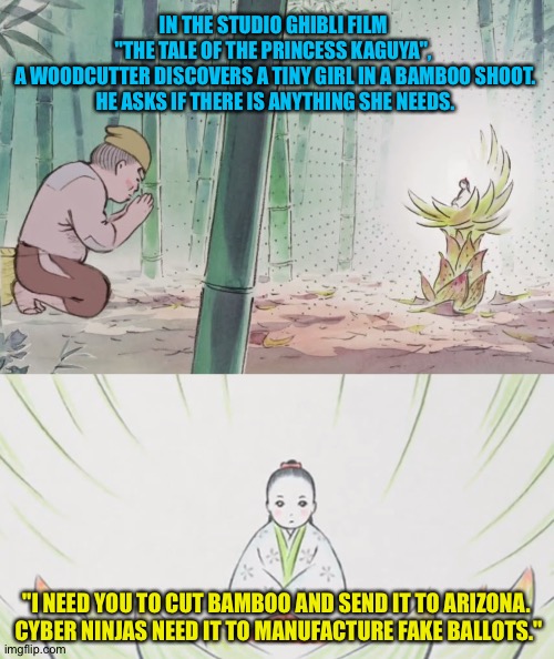 Urgent need for bamboo | IN THE STUDIO GHIBLI FILM 
"THE TALE OF THE PRINCESS KAGUYA", 
A WOODCUTTER DISCOVERS A TINY GIRL IN A BAMBOO SHOOT.
HE ASKS IF THERE IS ANYTHING SHE NEEDS. "I NEED YOU TO CUT BAMBOO AND SEND IT TO ARIZONA. 

CYBER NINJAS NEED IT TO MANUFACTURE FAKE BALLOTS." | image tagged in princess kaguya | made w/ Imgflip meme maker