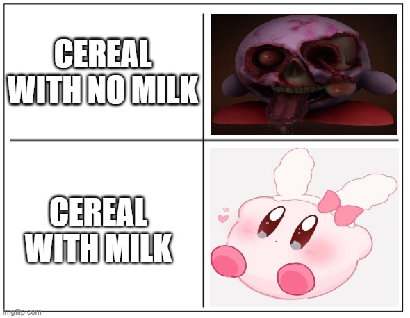 Cereal Meme | CEREAL WITH NO MILK; CEREAL WITH MILK | image tagged in 4 square grid,cereal,kirby | made w/ Imgflip meme maker