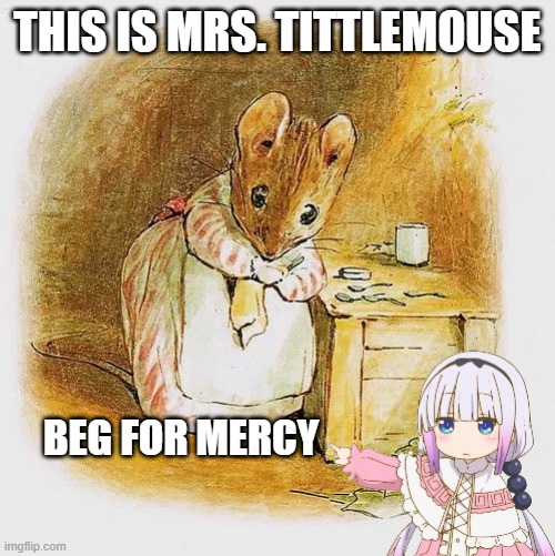 Mrs. Tittlemouse | THIS IS MRS. TITTLEMOUSE; BEG FOR MERCY | image tagged in tittlemouse,kana | made w/ Imgflip meme maker