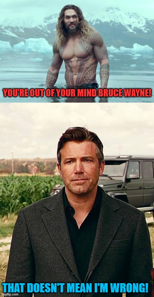 YOU'RE OUT OF YOUR MIND BRUCE WAYNE! THAT DOESN'T MEAN I'M WRONG! | image tagged in aquaman,bought the bank | made w/ Imgflip meme maker