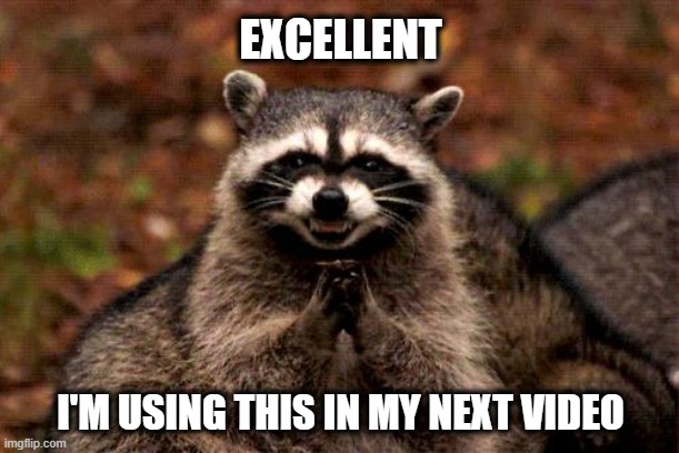 Evil Plotting Raccoon Meme | EXCELLENT I'M USING THIS IN MY NEXT VIDEO | image tagged in memes,evil plotting raccoon | made w/ Imgflip meme maker