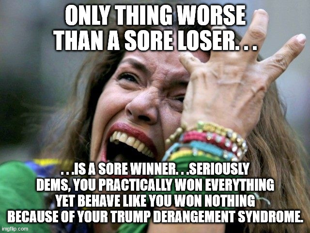 spoiled college girl | ONLY THING WORSE THAN A SORE LOSER. . . . . .IS A SORE WINNER. . .SERIOUSLY DEMS, YOU PRACTICALLY WON EVERYTHING YET BEHAVE LIKE YOU WON NOTHING BECAUSE OF YOUR TRUMP DERANGEMENT SYNDROME. | image tagged in spoiled college girl,spoiled brats,stupid liberals,political meme,blunt,sore loser | made w/ Imgflip meme maker