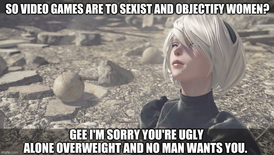 2B on Feminazi logic | SO VIDEO GAMES ARE TO SEXIST AND OBJECTIFY WOMEN? GEE I'M SORRY YOU'RE UGLY ALONE OVERWEIGHT AND NO MAN WANTS YOU. | image tagged in nier automata,yorha 2b,2b,feminism,video games | made w/ Imgflip meme maker