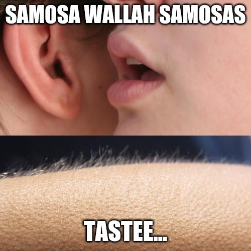 Samosa wallah effect | SAMOSA WALLAH SAMOSAS; TASTEE... | image tagged in whisper and goosebumps | made w/ Imgflip meme maker