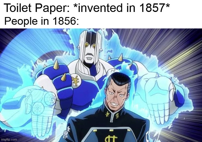 ZA HANDO | Toilet Paper: *invented in 1857*; People in 1856: | image tagged in za hando,jojo,okuyasu,part 4,anime,stop reading the tags | made w/ Imgflip meme maker