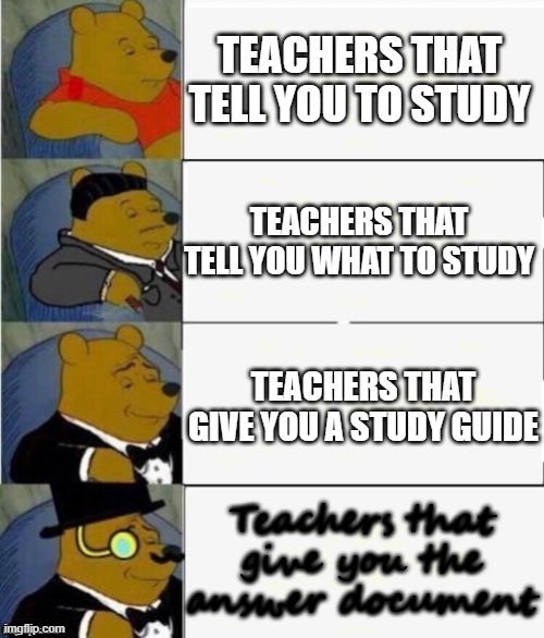 The one good teacher | TEACHERS THAT TELL YOU TO STUDY; TEACHERS THAT TELL YOU WHAT TO STUDY; TEACHERS THAT GIVE YOU A STUDY GUIDE; Teachers that give you the answer document | image tagged in tuxedo winnie the pooh 4 panel | made w/ Imgflip meme maker