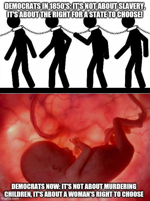The same argument defending two great evils | DEMOCRATS IN 1850'S: IT'S NOT ABOUT SLAVERY, IT'S ABOUT THE RIGHT FOR A STATE TO CHOOSE! DEMOCRATS NOW: IT'S NOT ABOUT MURDERING CHILDREN, IT'S ABOUT A WOMAN'S RIGHT TO CHOOSE | image tagged in slavery,fetus | made w/ Imgflip meme maker