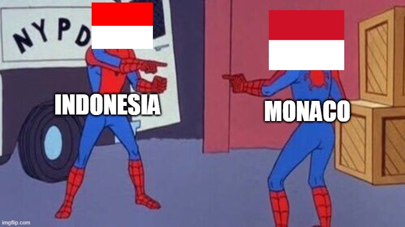 true | INDONESIA; MONACO | image tagged in spiderman pointing at spiderman | made w/ Imgflip meme maker