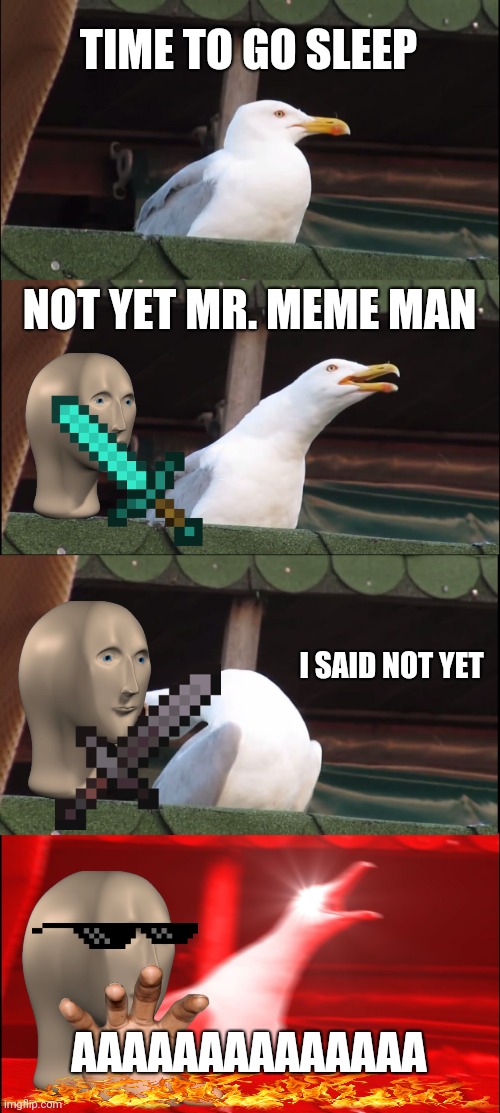 meme man lol | TIME TO GO SLEEP; NOT YET MR. MEME MAN; I SAID NOT YET; AAAAAAAAAAAAAA | image tagged in memes,inhaling seagull,meme man | made w/ Imgflip meme maker