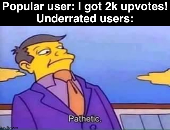 The problem being me | Popular user: I got 2k upvotes!
Underrated users: | image tagged in skinner pathetic | made w/ Imgflip meme maker