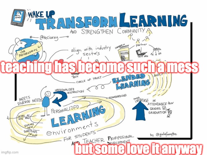 teacher's life getting simpler ... ? | teaching has become such a mess; but some love it anyway | image tagged in teacher's life getting simpler | made w/ Imgflip meme maker