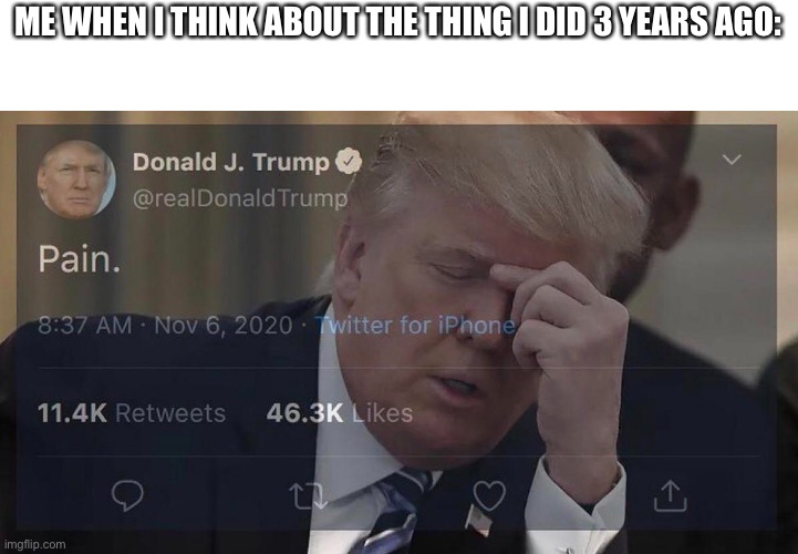 Trump hides pain | ME WHEN I THINK ABOUT THE THING I DID 3 YEARS AGO: | image tagged in trump hides pain | made w/ Imgflip meme maker