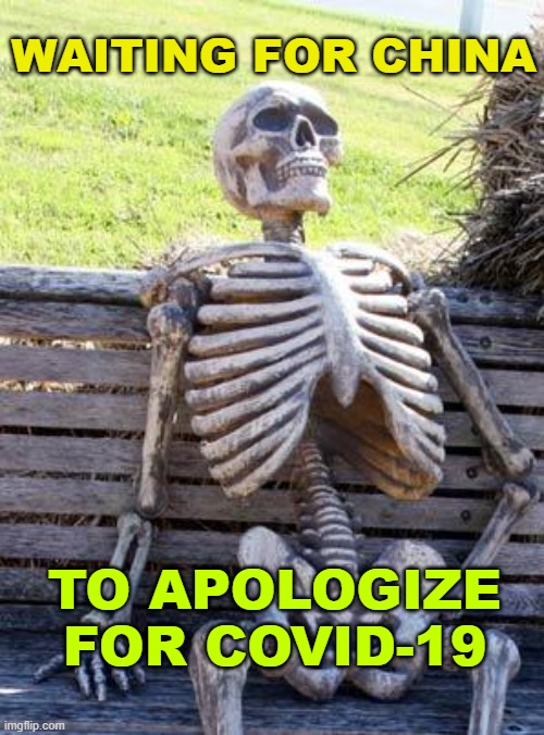 Waiting for China to apologize for Covid-19 | WAITING FOR CHINA; TO APOLOGIZE FOR COVID-19 | image tagged in memes,waiting skeleton | made w/ Imgflip meme maker
