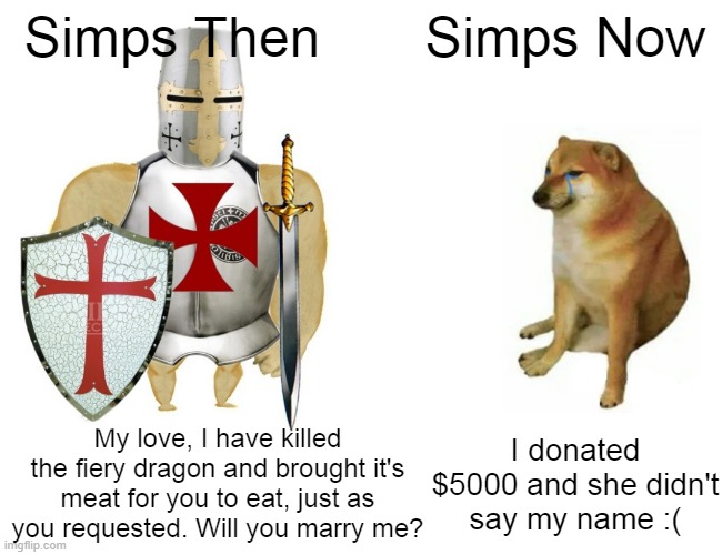 Simps Then; Simps Now; My love, I have killed the fiery dragon and brought it's meat for you to eat, just as you requested. Will you marry me? I donated $5000 and she didn't say my name :( | image tagged in dragon,knight,simps | made w/ Imgflip meme maker