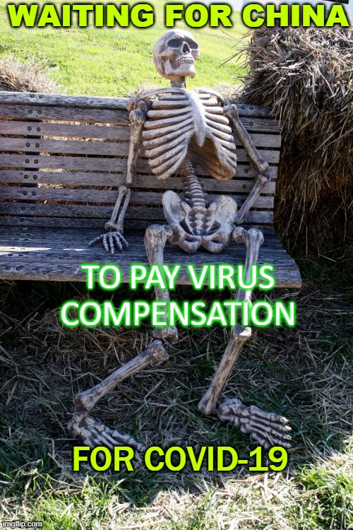 Waiting for China to pay virus compensation for Covid-19 | WAITING FOR CHINA; TO PAY VIRUS COMPENSATION; FOR COVID-19 | image tagged in still waiting for a huddersfield town goal | made w/ Imgflip meme maker