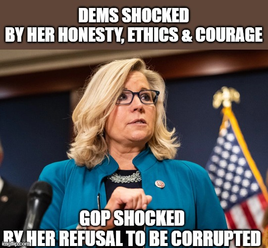 Cheney upholds ethical principles rather than corrupting herself supporting Trump et als 'BIg Lie' | DEMS SHOCKED
BY HER HONESTY, ETHICS & COURAGE; GOP SHOCKED 
BY HER REFUSAL TO BE CORRUPTED | image tagged in election 2020,trump,the big lie,gop corruption,liz cheney,ethics | made w/ Imgflip meme maker